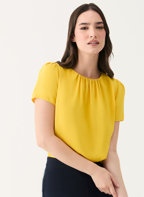 Yellow Short Sleeve Chiffon Neck Top